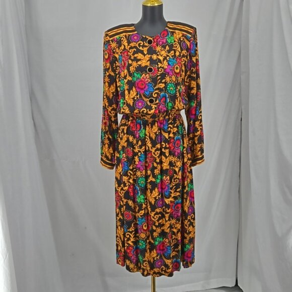 Leslie Fay Dresses Plus Gold, Green Black Floral Elastic Waist Button Front 14 - Picture 1 of 13